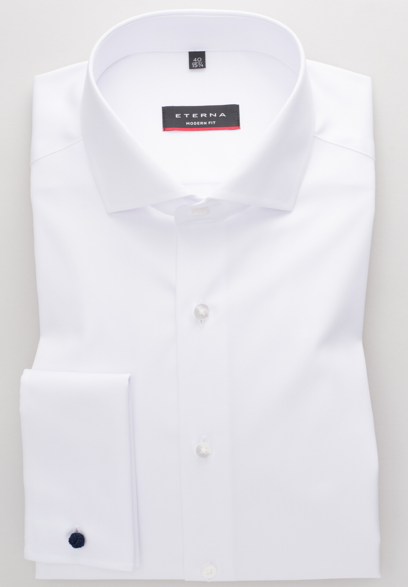 ETERNA Modern Fit biela nepresvitajúca košeľa dlhý rukáv Rypsový keper Non Iron 100% bavlna Francúzska manžeta Golier Shark Cover