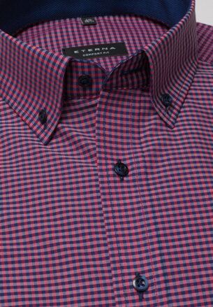 Button-down košeľa ETERNA Comfort Fit červeno modrá károvaná s kontrastom Non Iron Popelín - Krátky rukáv