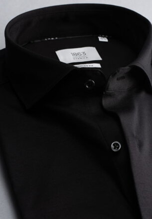 1863 BY ETERNA Jersey luxusná pletená pánska košeľa čierna Modern Fit super soft Easy Care