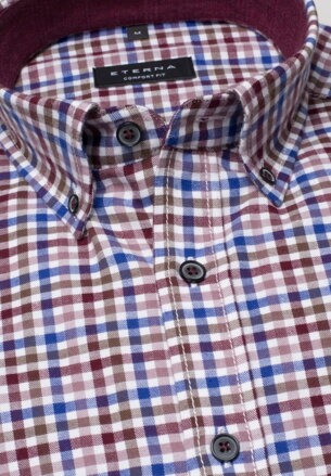 Flanelová košeľa pánska ETERNA Modern Fit károvaná vínovo modrá farba s kontrastom & button down golierom Non Iron S/38
