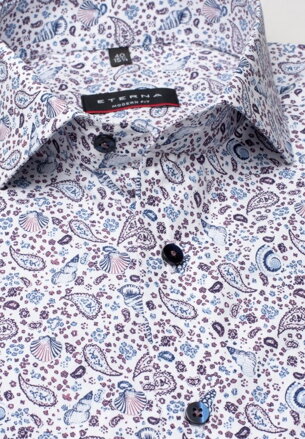 ETERNA Slim Fit pánska košeľa krátky rukáv Popelín vínovo modrý potlač more