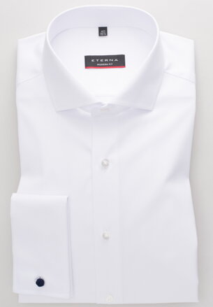 ETERNA Modern Fit biela nepresvitajúca košeľa dlhý rukáv Rypsový keper Non Iron 100% bavlna Francúzska manžeta Golier Shark Cover