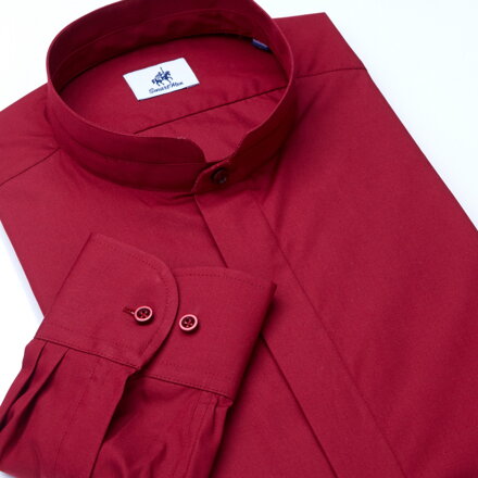 SmartMen vínová pánska košeľa Mandarin golier & skrytá léga Popelín Slim fit