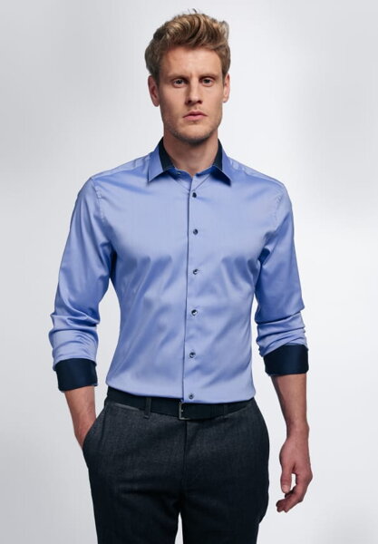 ETERNA Slim Fit strečová formálna košeľa dlhý rukáv modrá s kontrastom Non Iron
