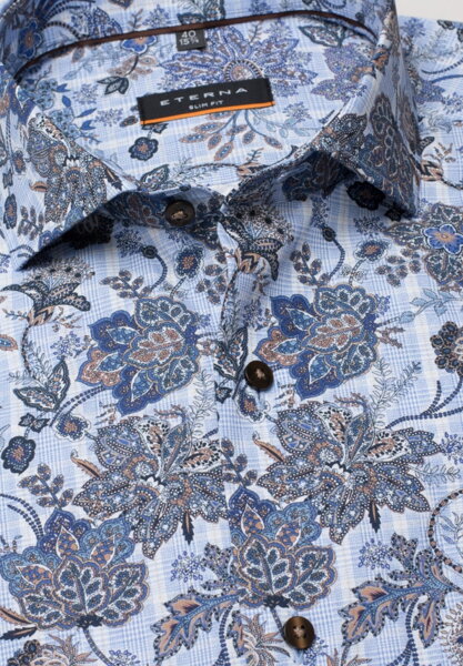 ETERNA Slim Fit pánska košeľa dlhý rukáv modrá s kvetinovým printom popelín Easy Iron