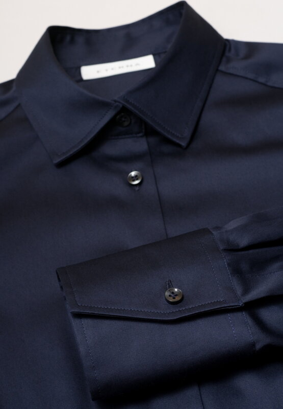 Saténová dámska košeľa tmavo modrá Navy dlhý rukáv ETERNA Modern Classic stretch bavlna Easy Iron