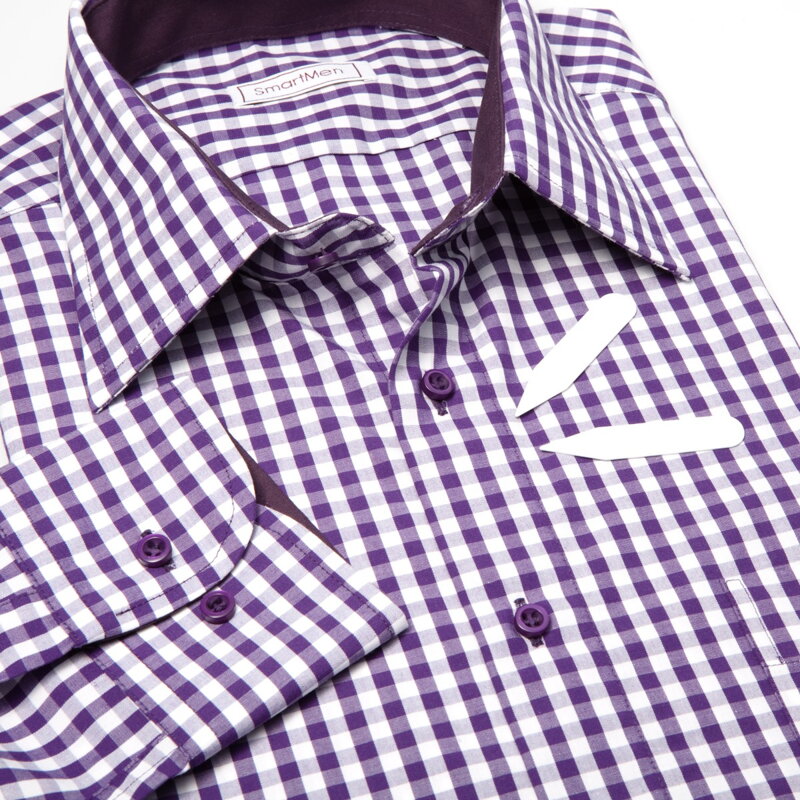 SmartMen pánska košeľa károvaná fialová - Casual s kontrastom na golieri a manžete Regular fit