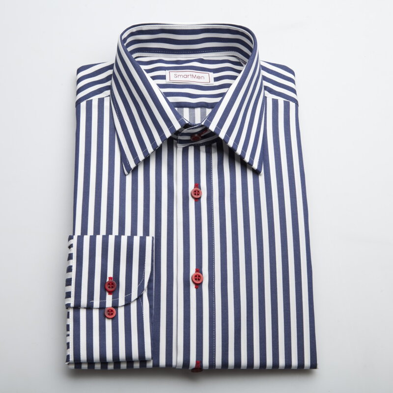 SmartMen pánska košeľa modrý prúžok - NAVY BLUE s červenými gombíkmi Slim fit