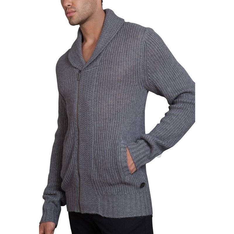 Pánsky sveter na zips s golierom do V sivý melír