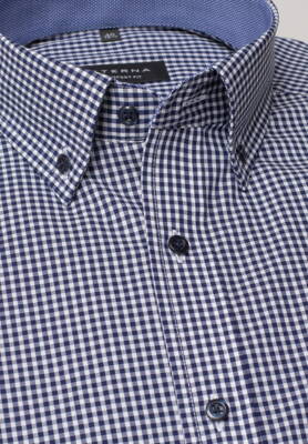 Button-down košeľa ETERNA Comfort Fit tmavo modrá károvaná s kontrastom Non Iron Popelín - Krátky rukáv
