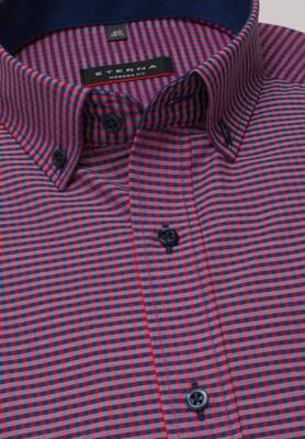 Button-down košeľa ETERNA Modern Fit červeno modrá károvaná s kontrastom Non Iron Popelín - Krátky rukáv